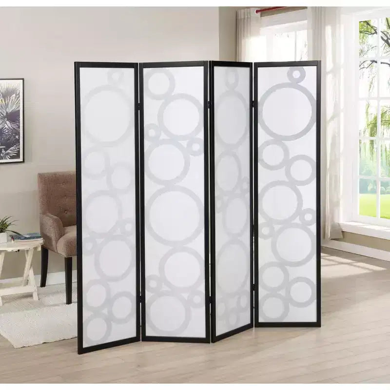 4-Panel Wood Room Divider with Circle Pattern, Black
