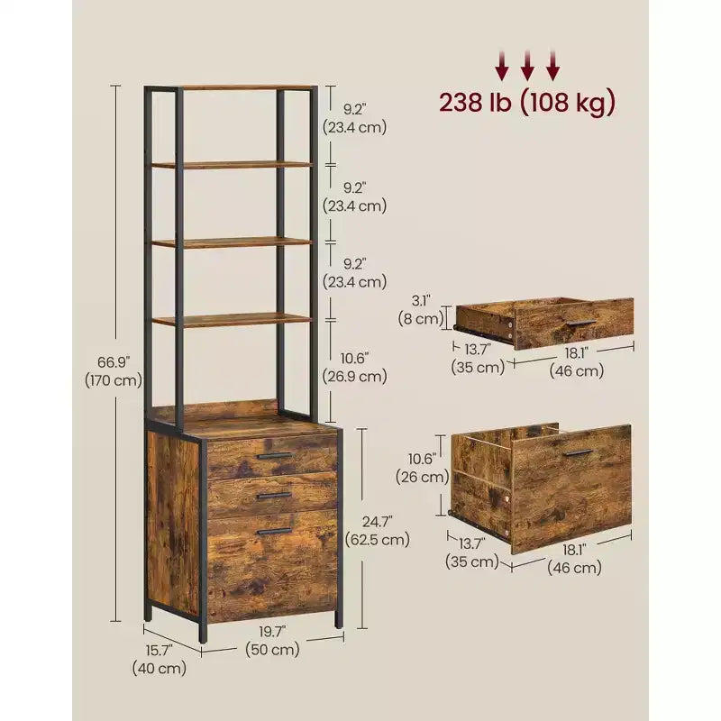 File Cabinet, Home Office Filing Cabinet with Height-Adjustable Open Shelves, 3 Drawers, for A4, Letter-Size Hanging File Folders, Steel Frame