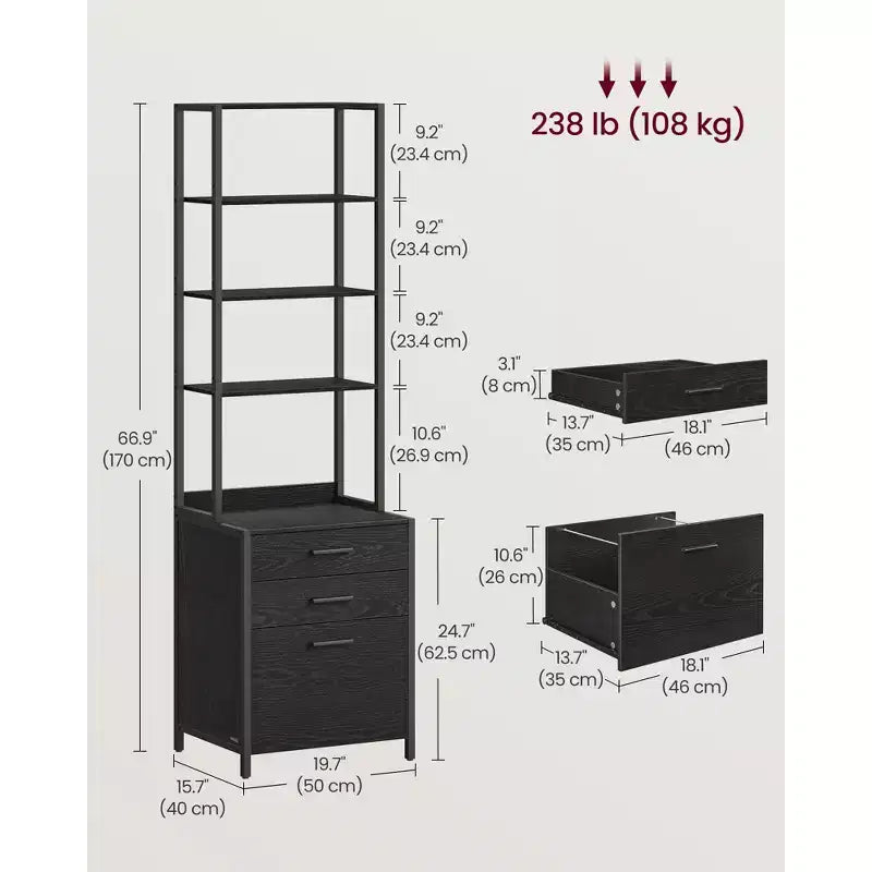 File Cabinet, Home Office Filing Cabinet with Height-Adjustable Open Shelves, 3 Drawers, for A4, Letter-Size Hanging File Folders, Steel Frame