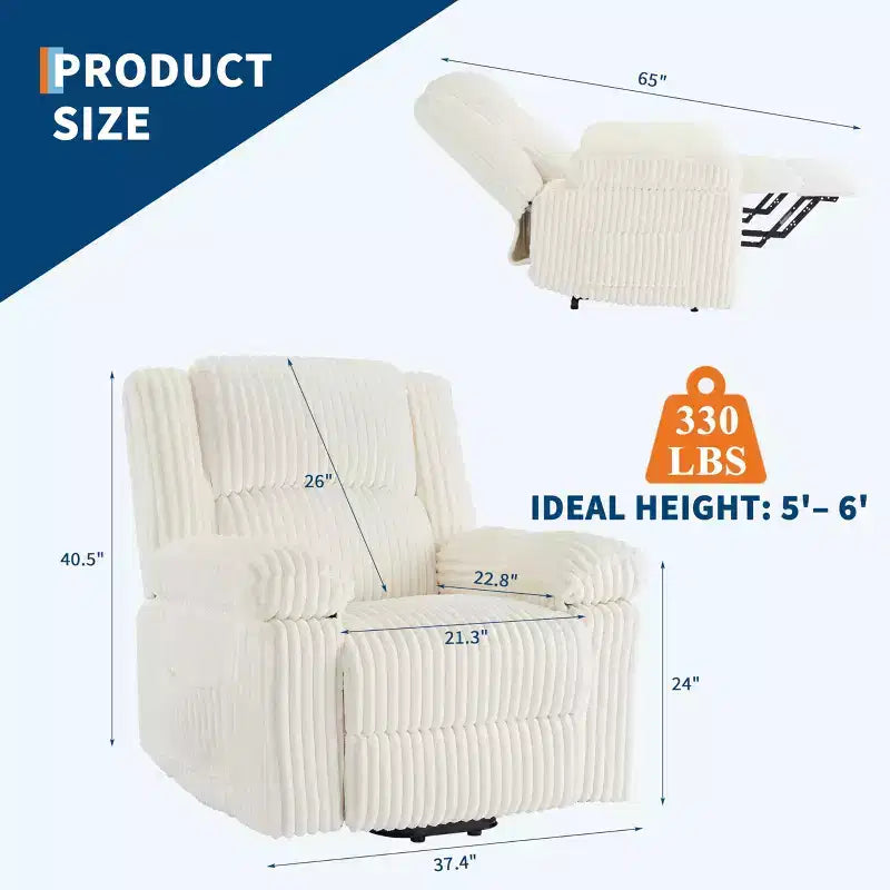 Corduroy Recliner Chair, Manual Recliner Sofa, Thick Padding, Side Pocket, 330Lbs Capacity, Recliner for Living Room, Bedroom, Home Theater, White