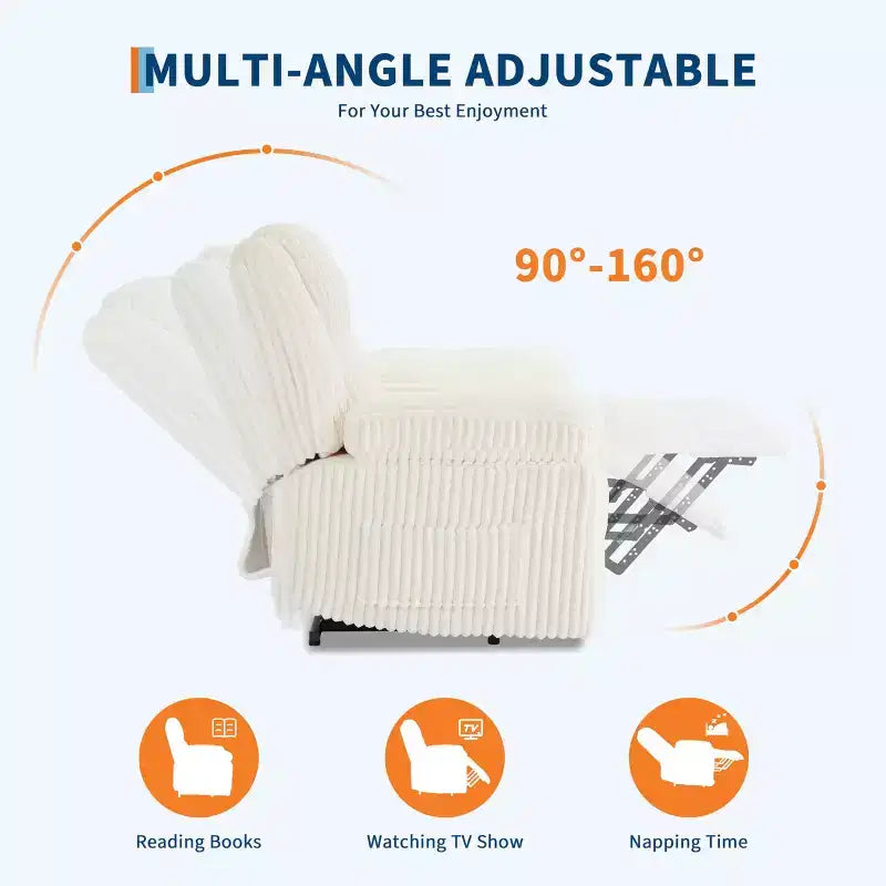 Corduroy Recliner Chair, Manual Recliner Sofa, Thick Padding, Side Pocket, 330Lbs Capacity, Recliner for Living Room, Bedroom, Home Theater, White