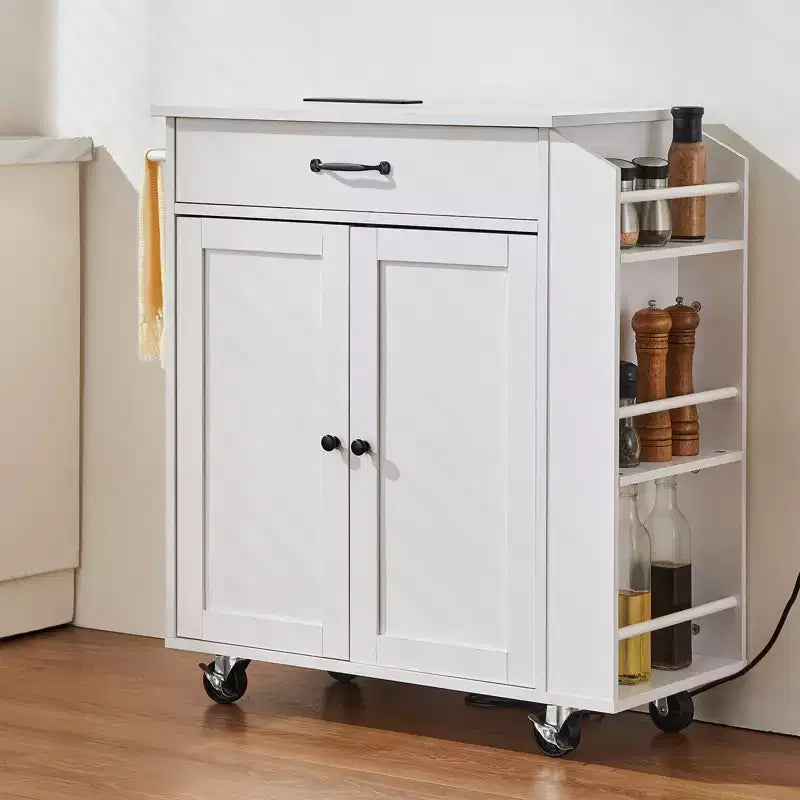 Kitchen Island Cart, 32 Mobile Carts with Storage Cabinet, Rolling Table with Power Outlet, Spice Rack, Towel Bar, Adjustable Shelf, White