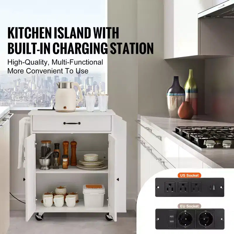 Kitchen Island Cart, 32 Mobile Carts with Storage Cabinet, Rolling Table with Power Outlet, Spice Rack, Towel Bar, Adjustable Shelf, White