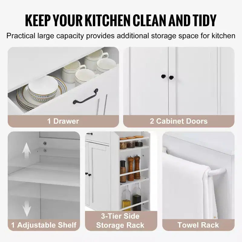 Kitchen Island Cart, 32 Mobile Carts with Storage Cabinet, Rolling Table with Power Outlet, Spice Rack, Towel Bar, Adjustable Shelf, White