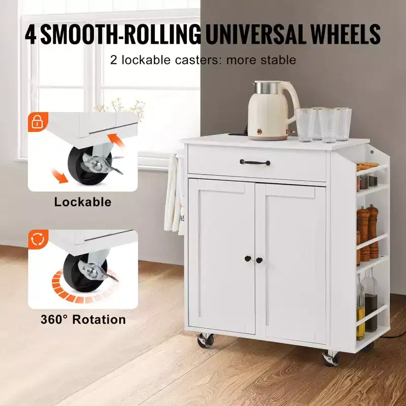 Kitchen Island Cart, 32 Mobile Carts with Storage Cabinet, Rolling Table with Power Outlet, Spice Rack, Towel Bar, Adjustable Shelf, White