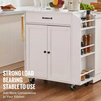 Kitchen Island Cart, 32 Mobile Carts with Storage Cabinet, Rolling Table with Power Outlet, Spice Rack, Towel Bar, Adjustable Shelf, White