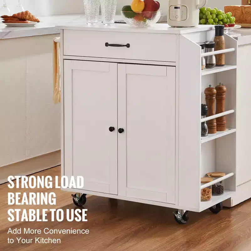 Kitchen Island Cart, 32 Mobile Carts with Storage Cabinet, Rolling Table with Power Outlet, Spice Rack, Towel Bar, Adjustable Shelf, White
