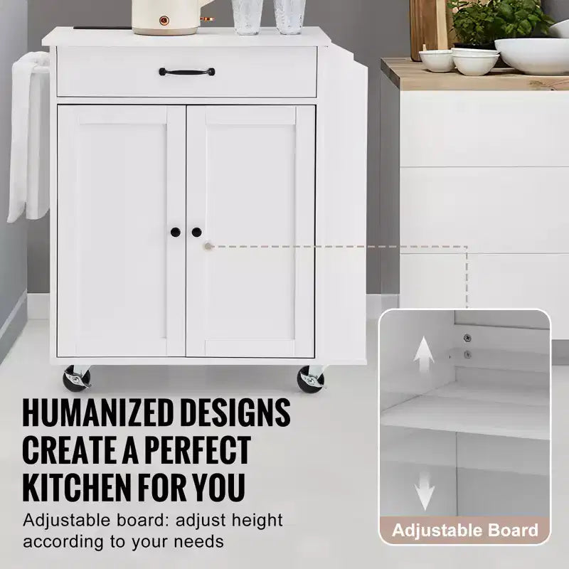 Kitchen Island Cart, 32 Mobile Carts with Storage Cabinet, Rolling Table with Power Outlet, Spice Rack, Towel Bar, Adjustable Shelf, White