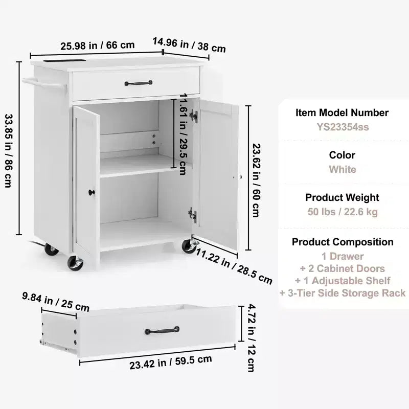 Kitchen Island Cart, 32 Mobile Carts with Storage Cabinet, Rolling Table with Power Outlet, Spice Rack, Towel Bar, Adjustable Shelf, White