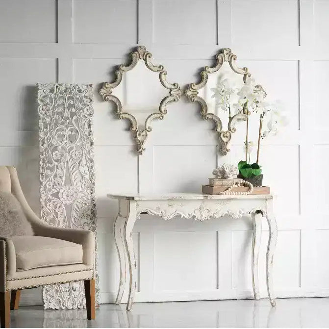 30 X 23.5 Inch Decorative White Wall Mirror with Scrollwork Design