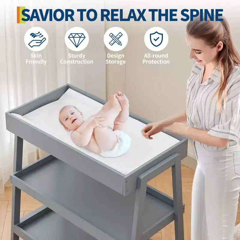 Baby Changing Table, Wooden Diaper Changing Table with Waterproof Pad, 3 Tier Diaper Portable Changing Station for Children's Room, Bedroom