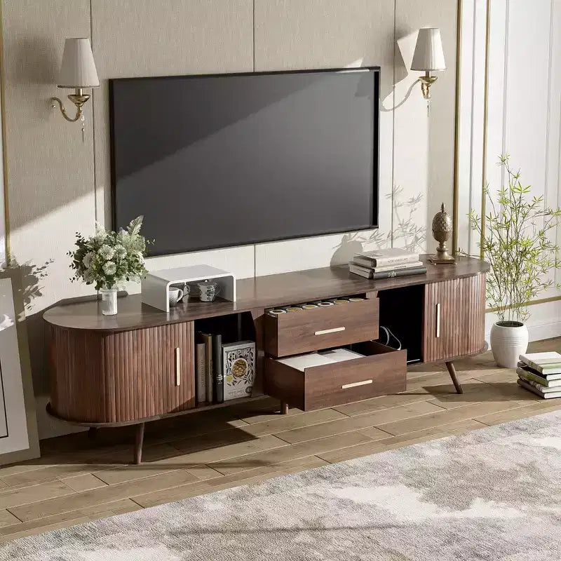 70.8 Mid-Century Modern TV Stand for 80 TV Entertainment Center with Storage for Living Room Bedroom Media Console Table with 2 Drawers Brown