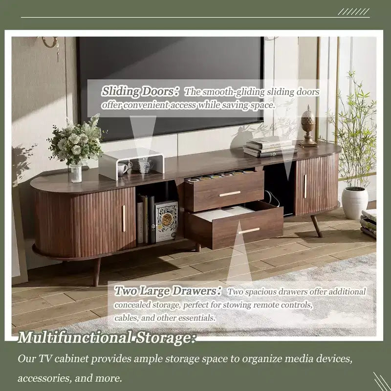 70.8 Mid-Century Modern TV Stand for 80 TV Entertainment Center with Storage for Living Room Bedroom Media Console Table with 2 Drawers Brown