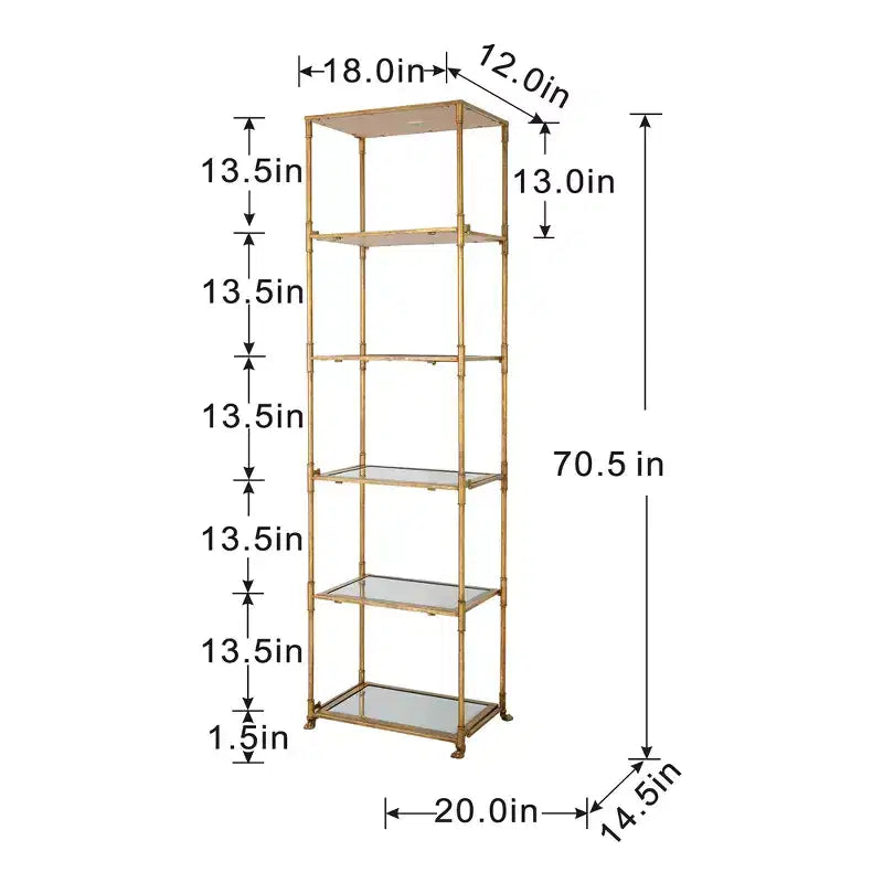 Antique Gold Six Tier Mirrored Shelving Unit 20x14x70.5