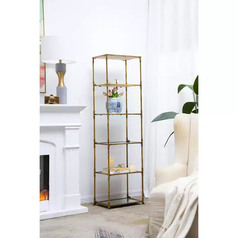Antique Gold Six Tier Mirrored Shelving Unit 20x14x70.5