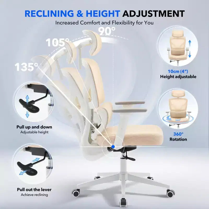 Chaise de bureau ergonomique à dossier haut, chaise de jeu en maille respirante avec soutien lombaire réglable et accoudoirs 3D