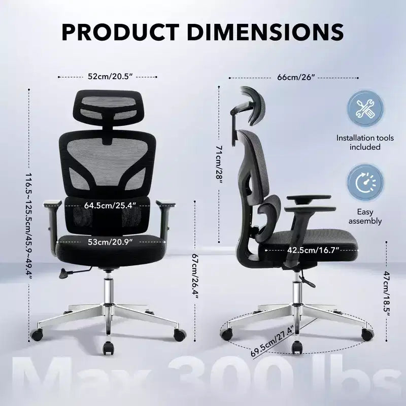 Chaise de bureau ergonomique à dossier haut, chaise de jeu en maille respirante avec soutien lombaire réglable et accoudoirs 3D