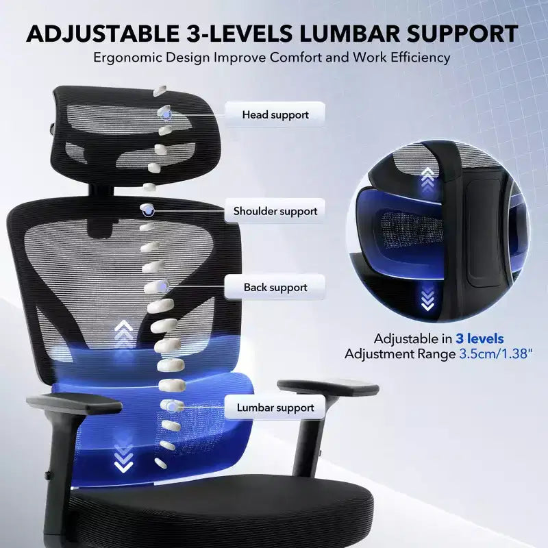 Chaise de bureau ergonomique à dossier haut, chaise de jeu en maille respirante avec soutien lombaire réglable et accoudoirs 3D