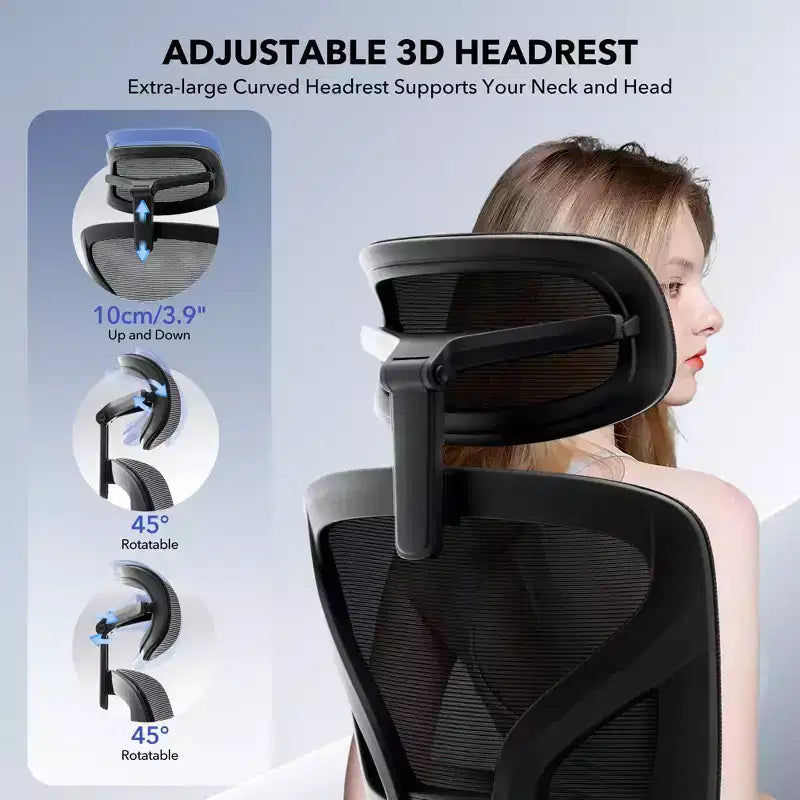 Chaise de bureau ergonomique à dossier haut, chaise de jeu en maille respirante avec soutien lombaire réglable et accoudoirs 3D