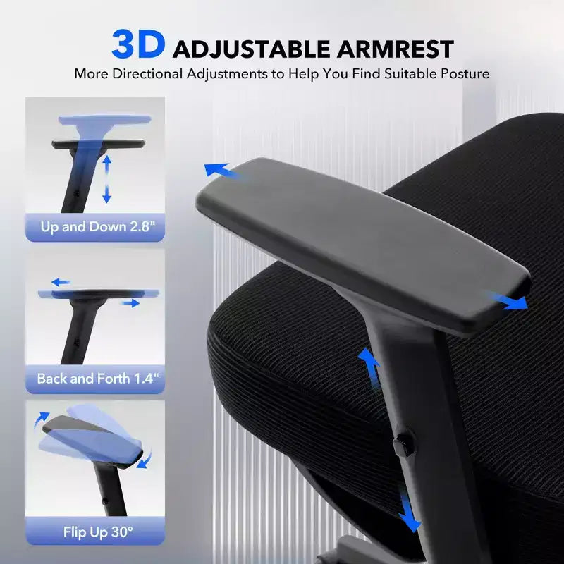 Chaise de bureau ergonomique à dossier haut, chaise de jeu en maille respirante avec soutien lombaire réglable et accoudoirs 3D