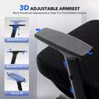 Chaise de bureau ergonomique à dossier haut, chaise de jeu en maille respirante avec soutien lombaire réglable et accoudoirs 3D