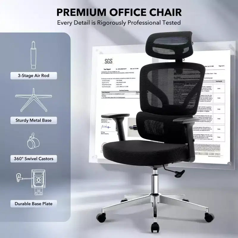 Chaise de bureau ergonomique à dossier haut, chaise de jeu en maille respirante avec soutien lombaire réglable et accoudoirs 3D