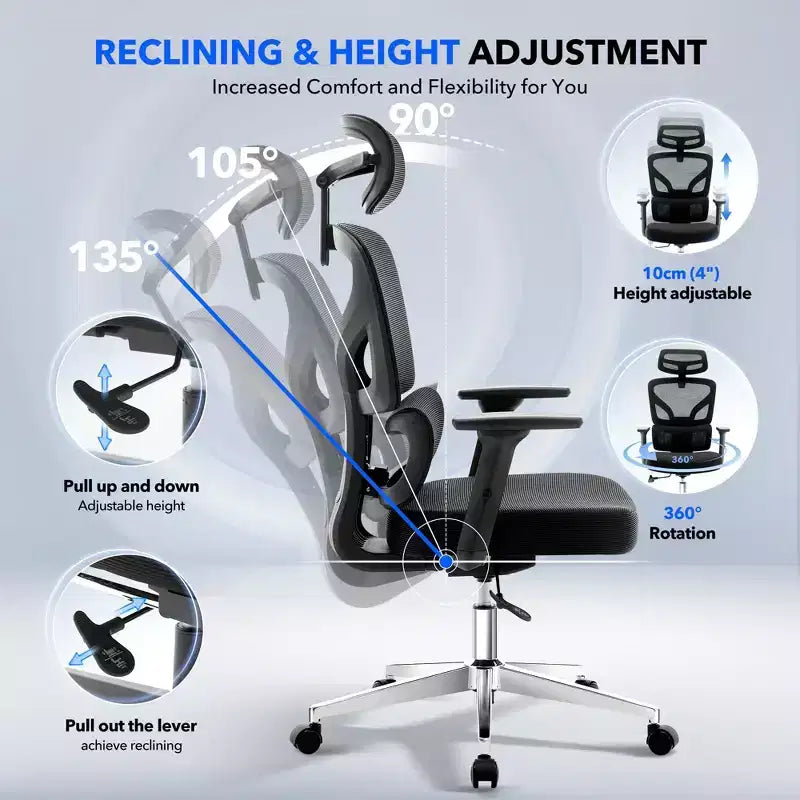 Chaise de bureau ergonomique à dossier haut, chaise de jeu en maille respirante avec soutien lombaire réglable et accoudoirs 3D