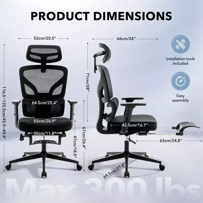 Chaise de bureau ergonomique à dossier haut, chaise de jeu en maille respirante avec soutien lombaire réglable et accoudoirs 3D