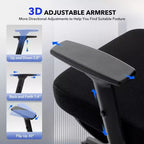 Chaise de bureau ergonomique à dossier haut, chaise de jeu en maille respirante avec soutien lombaire réglable et accoudoirs 3D
