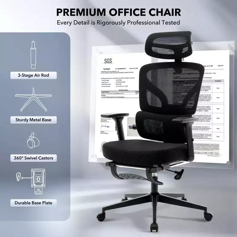 Chaise de bureau ergonomique à dossier haut, chaise de jeu en maille respirante avec soutien lombaire réglable et accoudoirs 3D