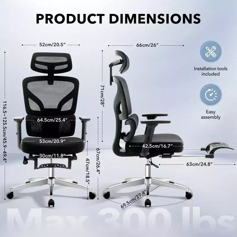 Chaise de bureau ergonomique à dossier haut, chaise de jeu en maille respirante avec soutien lombaire réglable et accoudoirs 3D