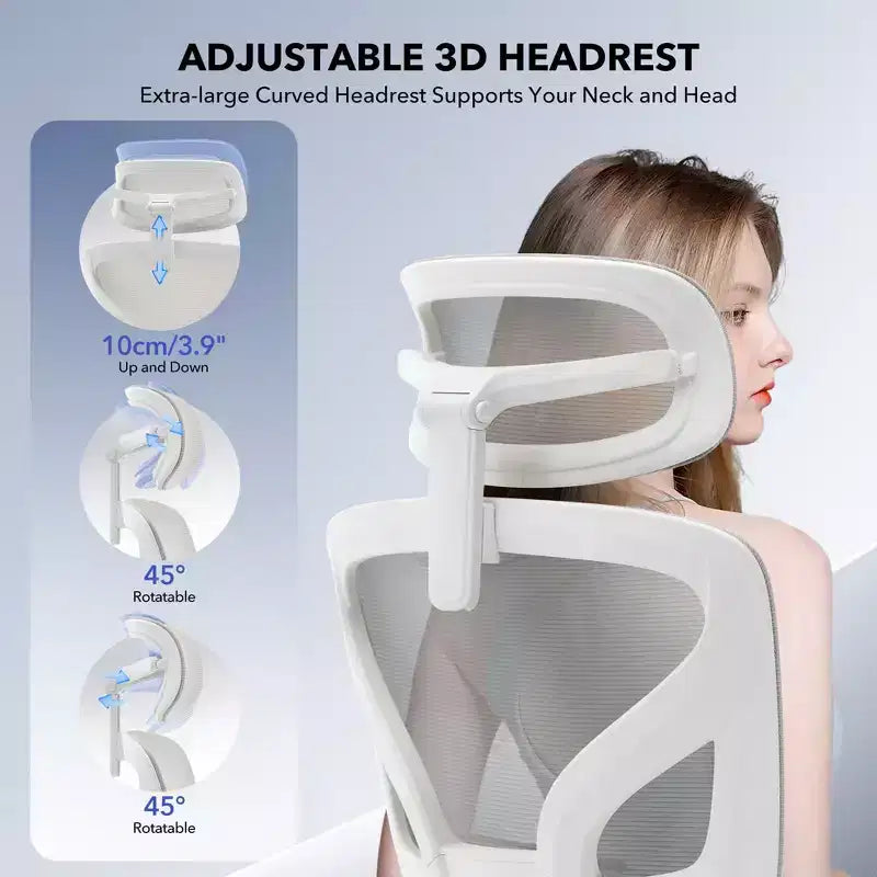 Chaise de bureau ergonomique à dossier haut, chaise de jeu en maille respirante avec soutien lombaire réglable et accoudoirs 3D