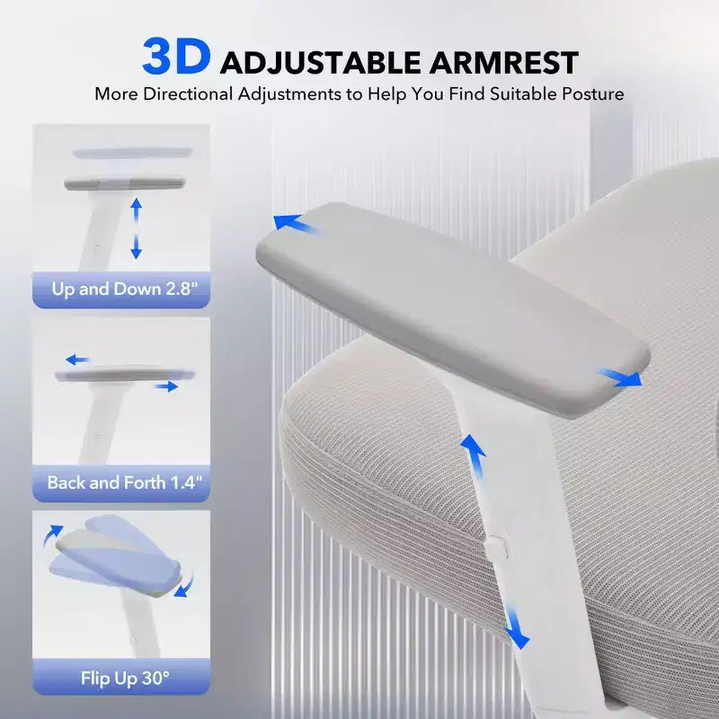 Chaise de bureau ergonomique à dossier haut, chaise de jeu en maille respirante avec soutien lombaire réglable et accoudoirs 3D