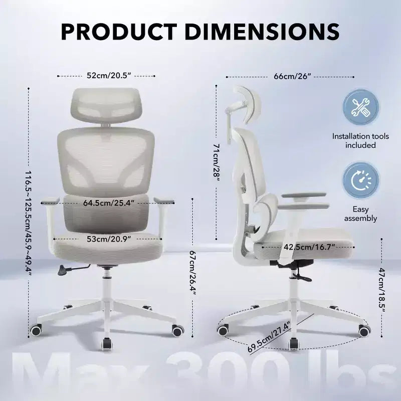 Chaise de bureau ergonomique à dossier haut, chaise de jeu en maille respirante avec soutien lombaire réglable et accoudoirs 3D