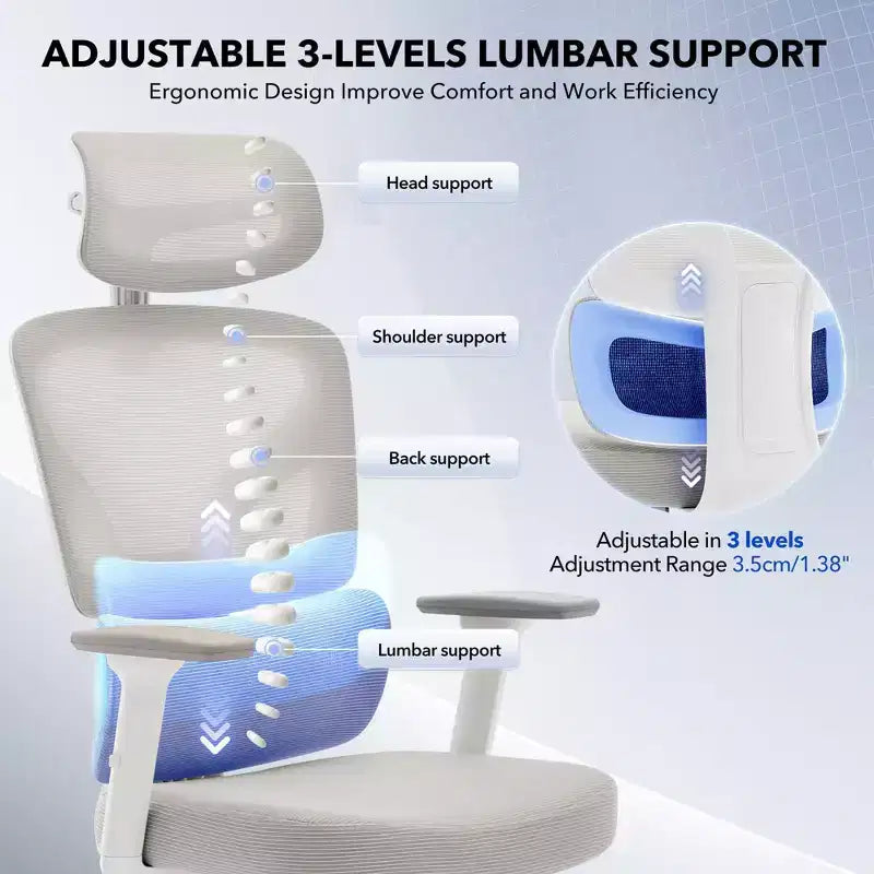 Chaise de bureau ergonomique à dossier haut, chaise de jeu en maille respirante avec soutien lombaire réglable et accoudoirs 3D