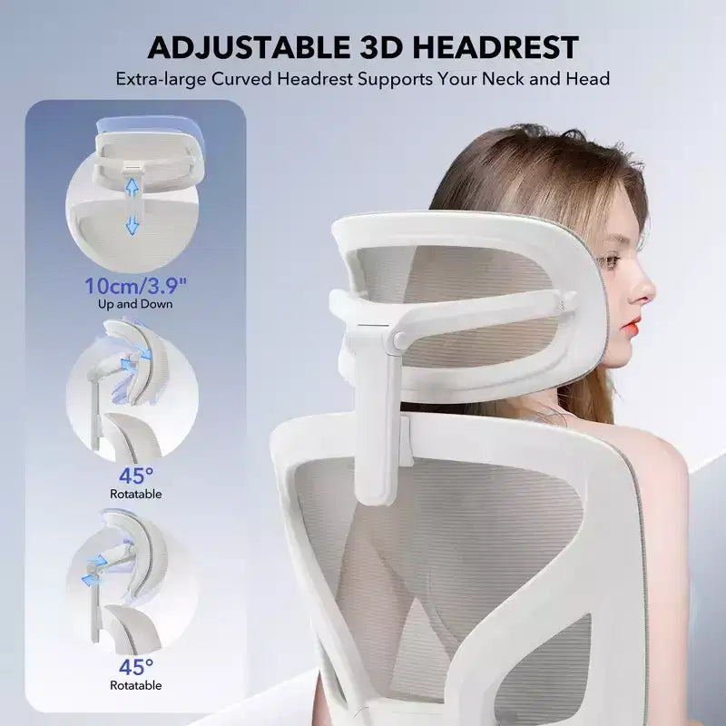 Chaise de bureau ergonomique à dossier haut, chaise de jeu en maille respirante avec soutien lombaire réglable et accoudoirs 3D