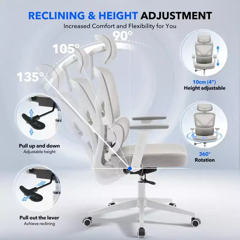 Chaise de bureau ergonomique à dossier haut, chaise de jeu en maille respirante avec soutien lombaire réglable et accoudoirs 3D