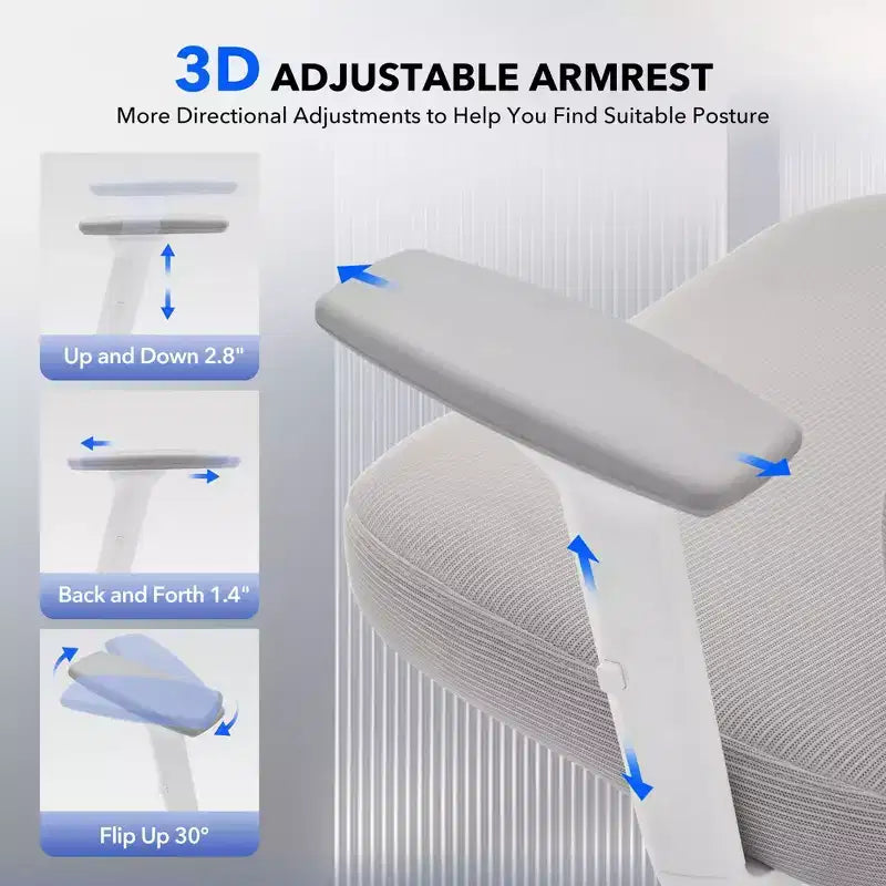 Chaise de bureau ergonomique à dossier haut, chaise de jeu en maille respirante avec soutien lombaire réglable et accoudoirs 3D