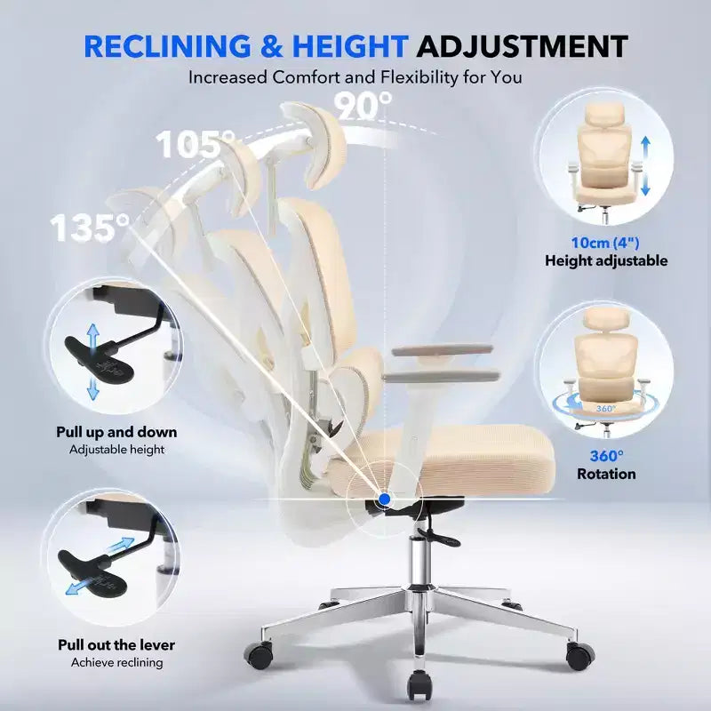Chaise de bureau ergonomique à dossier haut, chaise de jeu en maille respirante avec soutien lombaire réglable et accoudoirs 3D