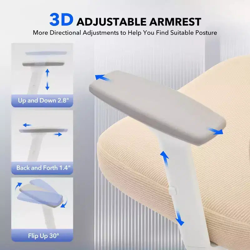 Chaise de bureau ergonomique à dossier haut, chaise de jeu en maille respirante avec soutien lombaire réglable et accoudoirs 3D