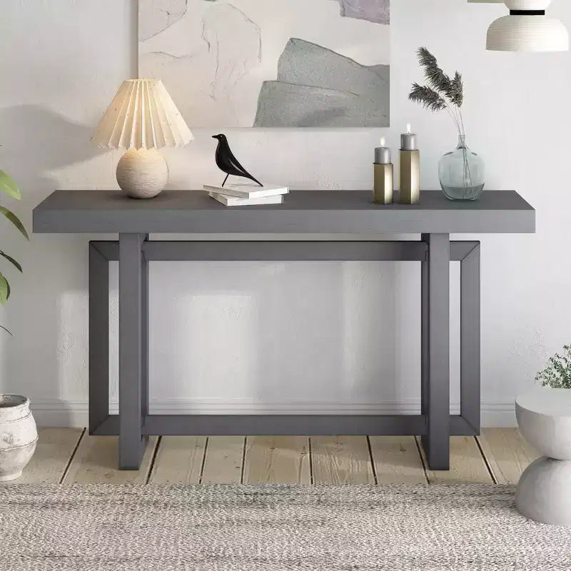 59.1 Modern Console Table with Pine Legs,Pine Veneer Entryway Table,Interlocking Geometric Sofa Table for Living Room,Hallway,Entryway