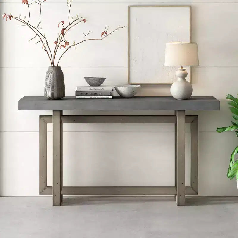59.1 Modern Console Table with Pine Legs,Pine Veneer Entryway Table,Interlocking Geometric Sofa Table for Living Room,Hallway,Entryway