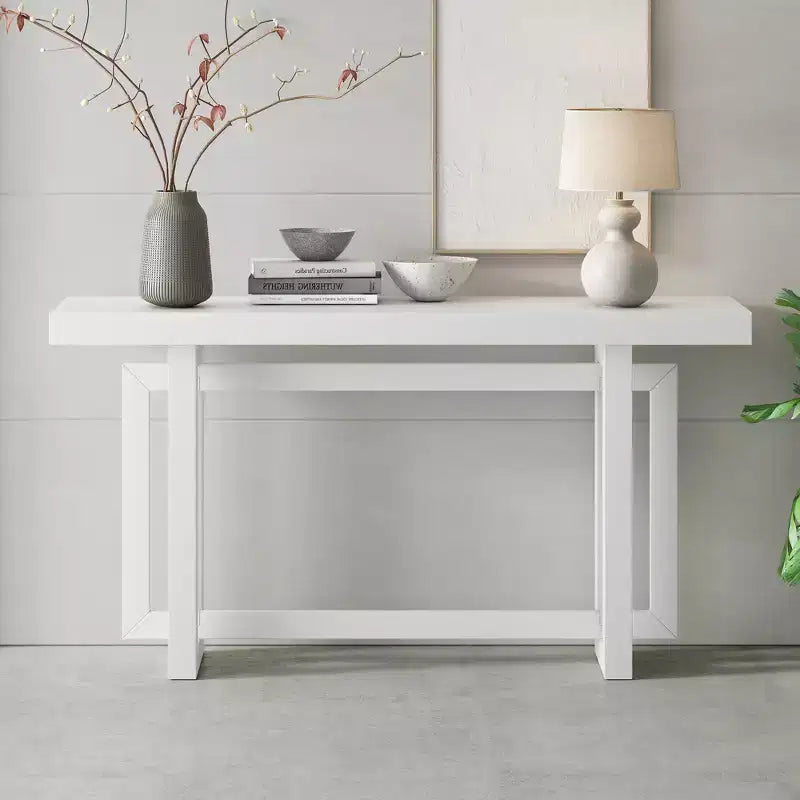 59.1 Modern Console Table with Pine Legs,Pine Veneer Entryway Table,Interlocking Geometric Sofa Table for Living Room,Hallway,Entryway