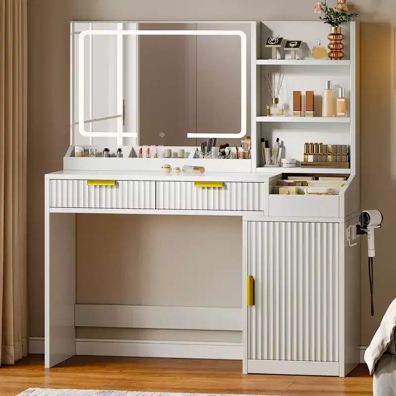 Vanity Desk With Large Lighted Mirror Makeup Vanity Table Shelves 2 Drawers 3 Lighting Modes Brightness Adjustable