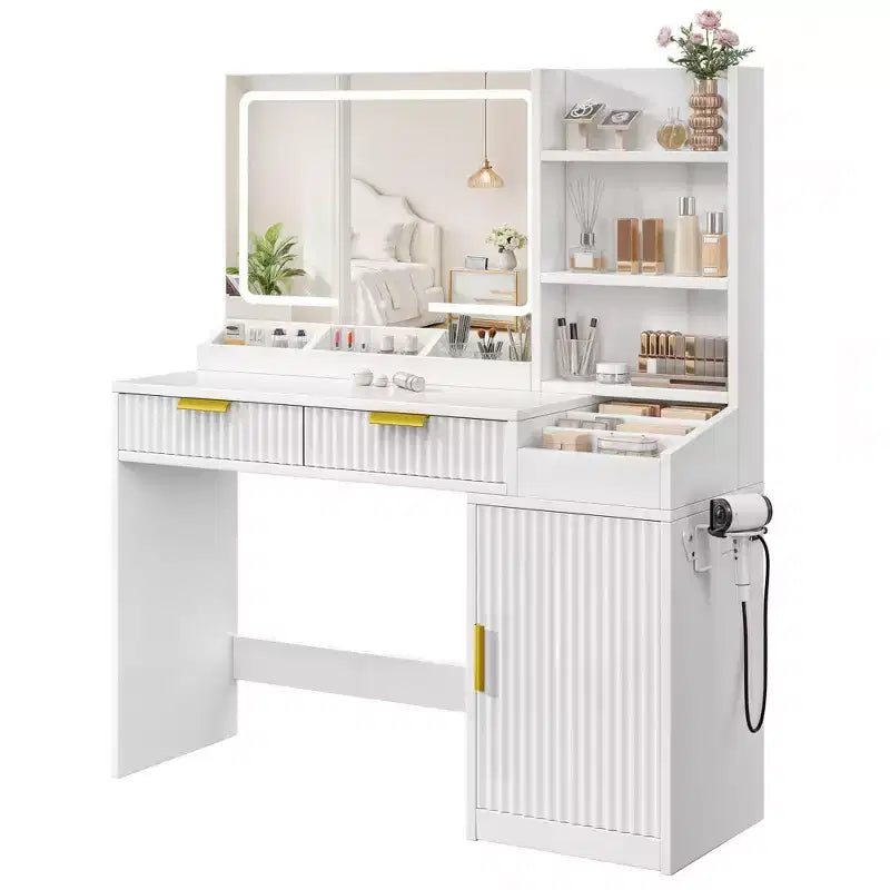 Vanity Desk With Large Lighted Mirror Makeup Vanity Table Shelves 2 Drawers 3 Lighting Modes Brightness Adjustable