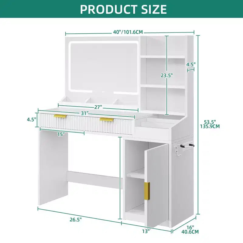 Vanity Desk With Large Lighted Mirror Makeup Vanity Table Shelves 2 Drawers 3 Lighting Modes Brightness Adjustable