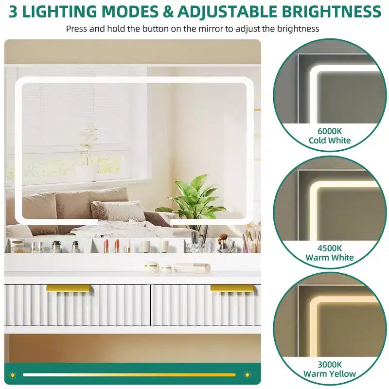 Vanity Desk With Large Lighted Mirror Makeup Vanity Table Shelves 2 Drawers 3 Lighting Modes Brightness Adjustable