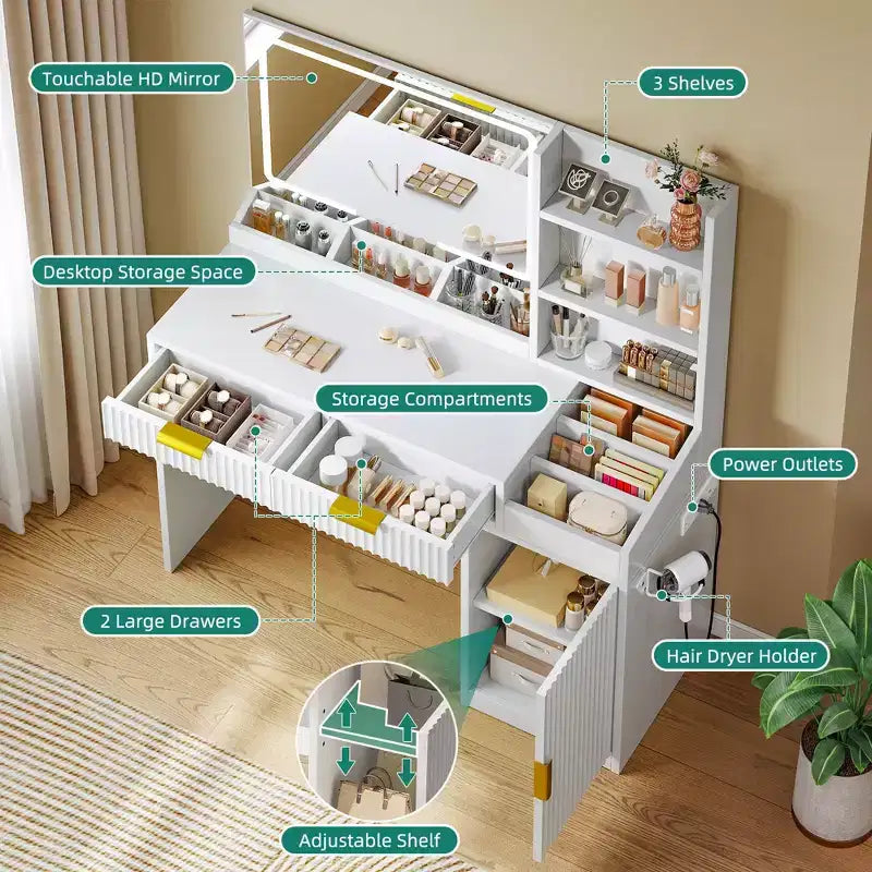 Vanity Desk With Large Lighted Mirror Makeup Vanity Table Shelves 2 Drawers 3 Lighting Modes Brightness Adjustable