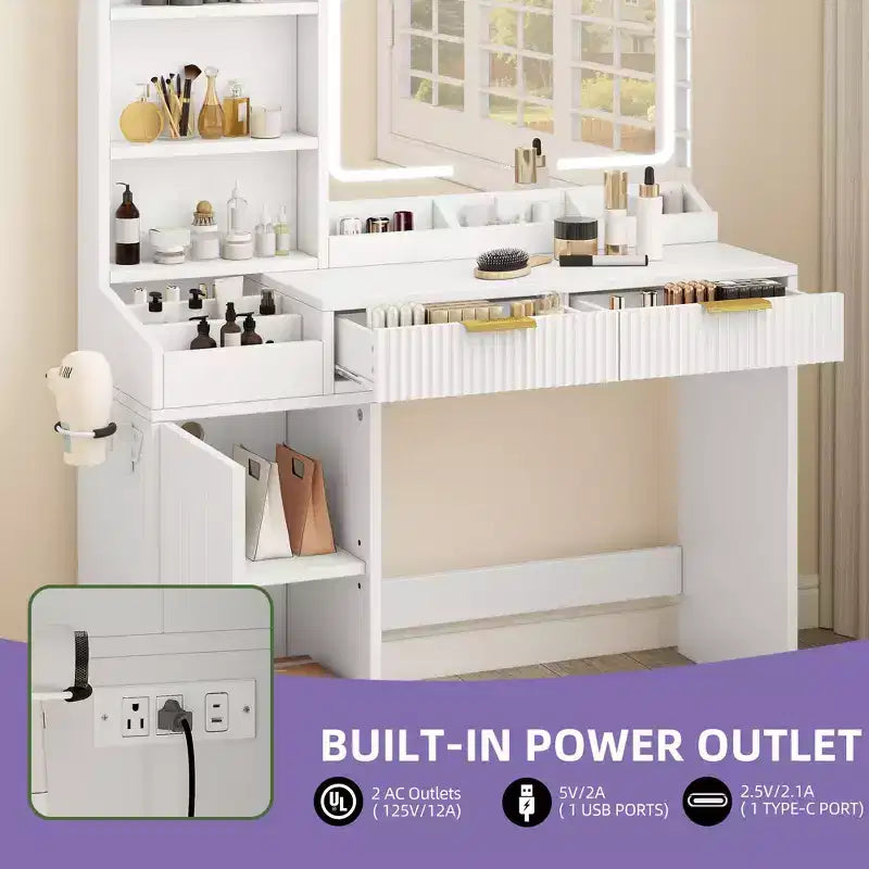 Vanity Desk With Large Lighted Mirror Makeup Vanity Table Shelves 2 Drawers 3 Lighting Modes Brightness Adjustable