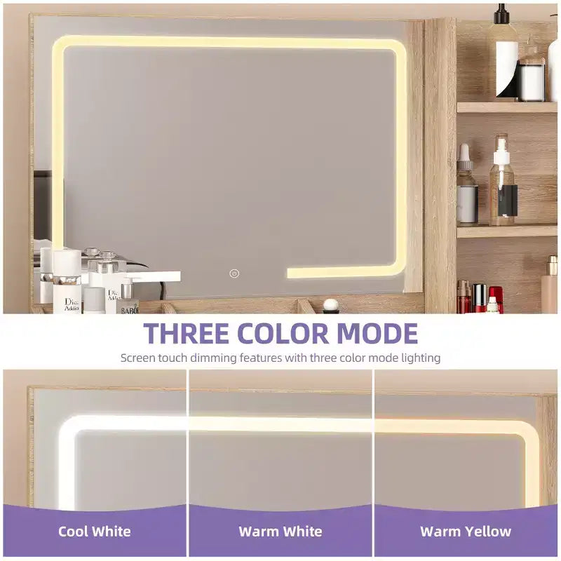 Vanity Desk With Large Lighted Mirror Makeup Vanity Table Shelves 2 Drawers 3 Lighting Modes Brightness Adjustable